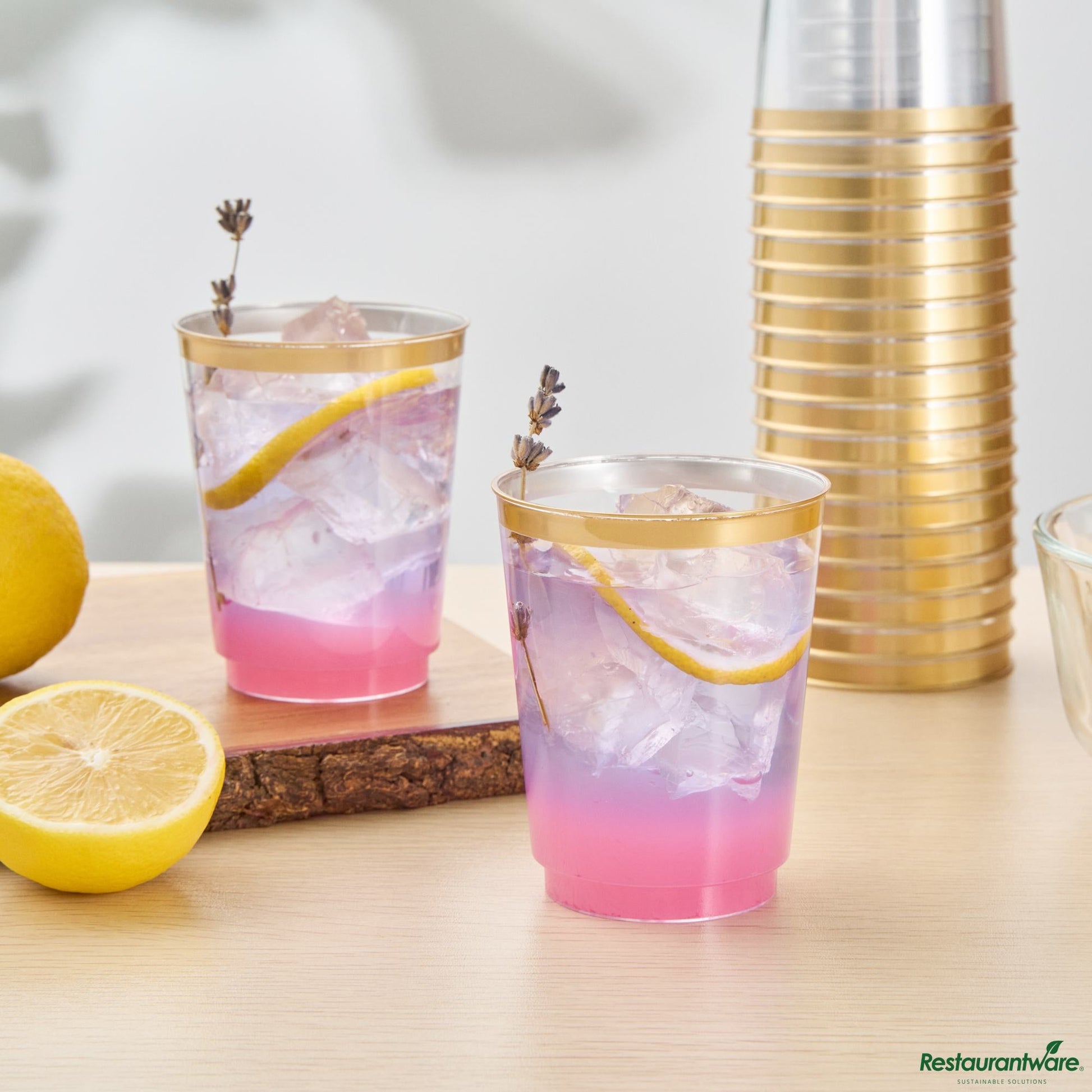 Wholesale Restaurantware 10 Oz Clear Plastic Tumbler - with Gold Rim - 3" X 3" X 3.8"- Bulk