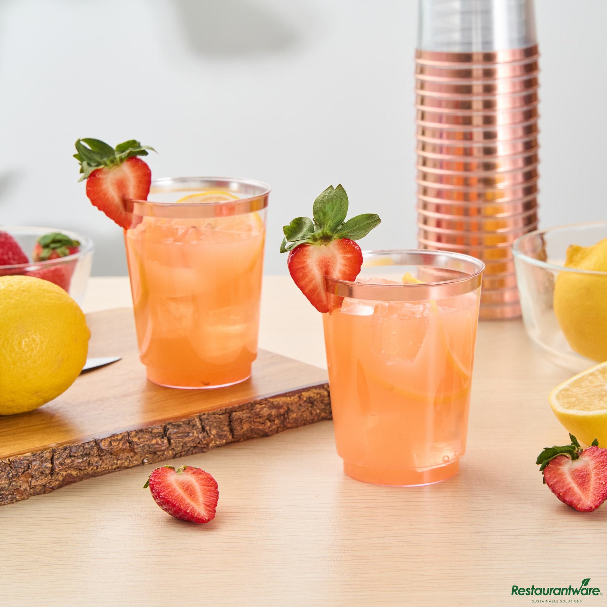 Wholesale Restaurantware 10 Oz Clear Plastic Tumbler - with Rose Gold Rim - 3" X 3" X 3.8"- Bulk
