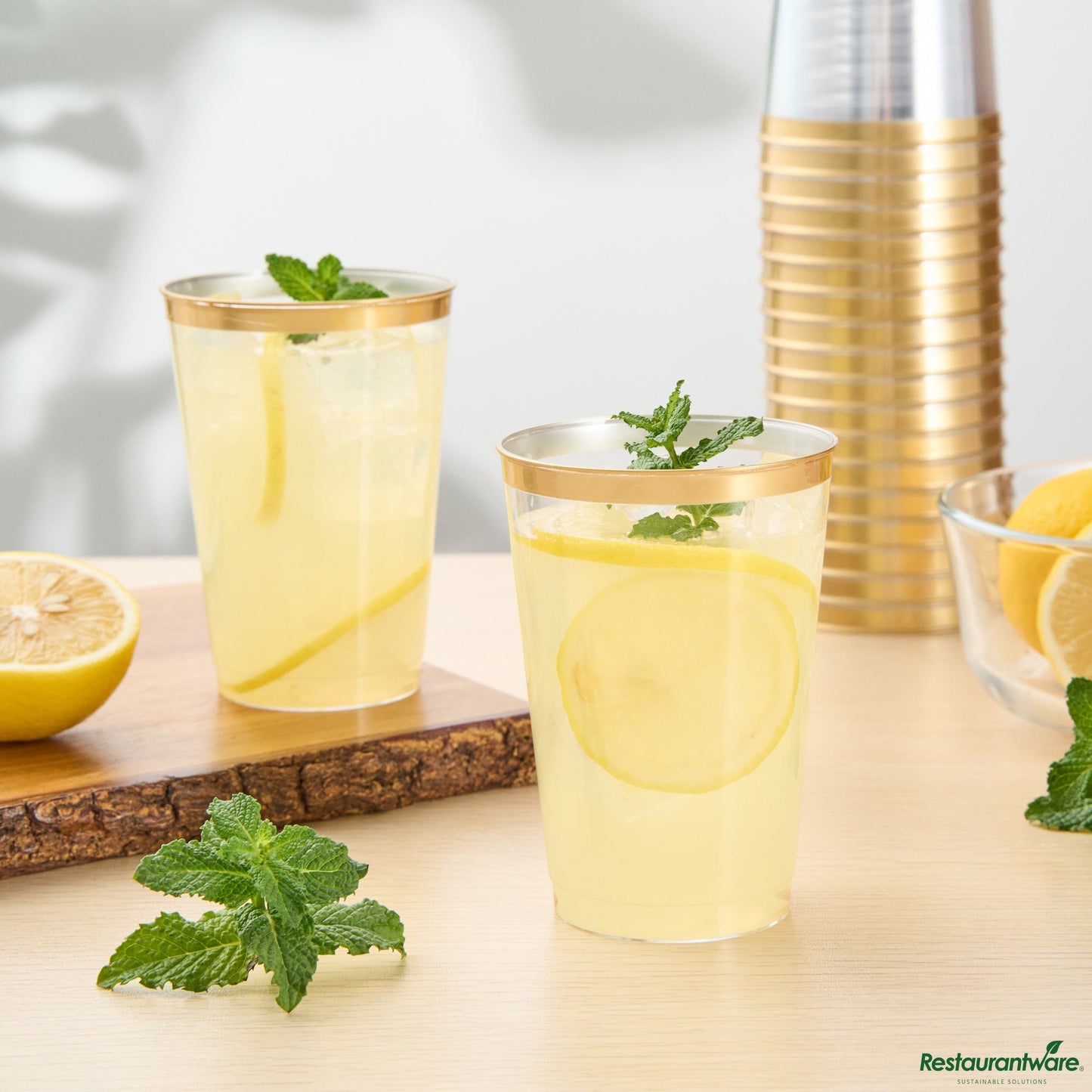Wholesale Restaurantware 12 Oz Clear Plastic Tumbler - with Gold Rim - 3" X 3" X 4.3"- Bulk