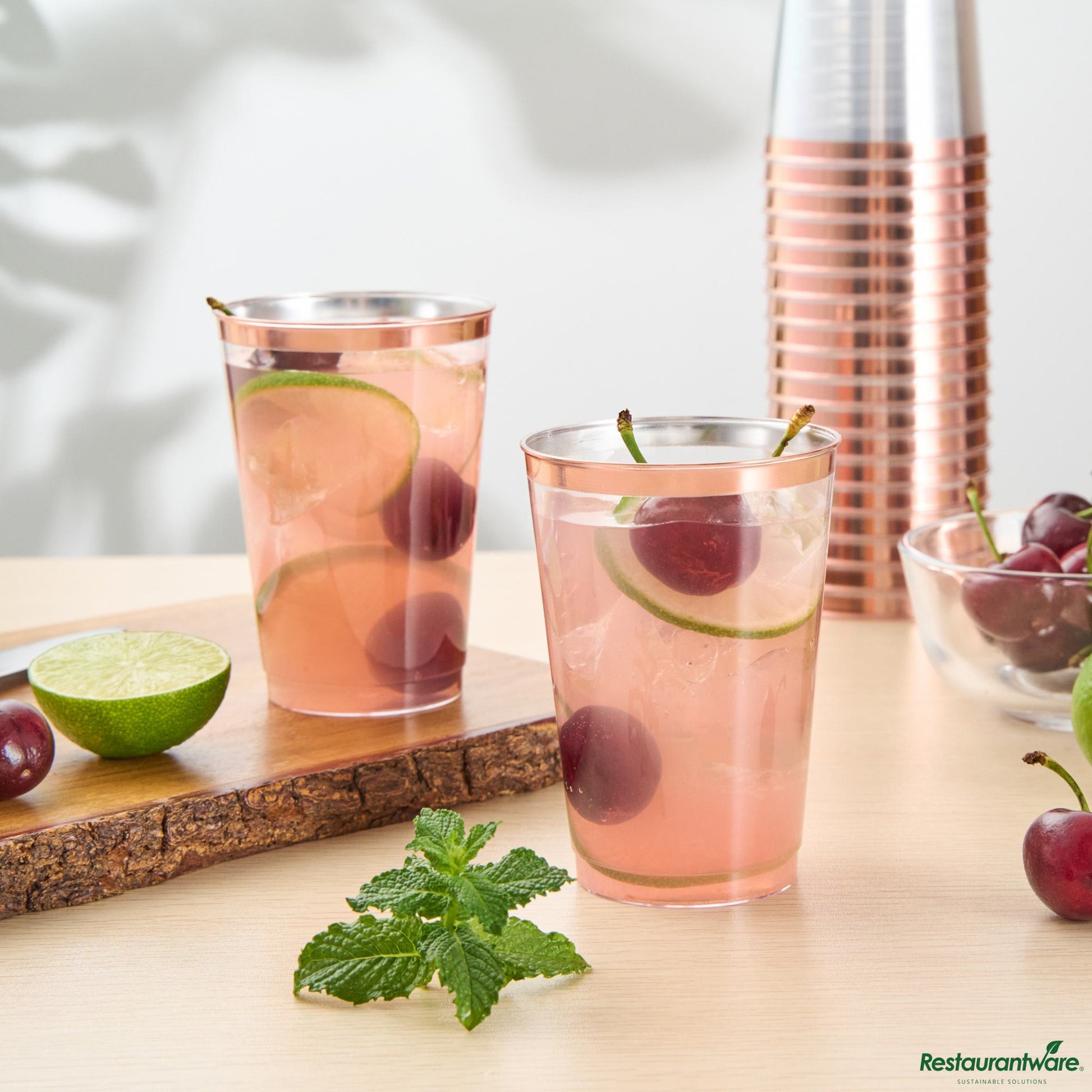Wholesale Restaurantware 12 Oz Clear Plastic Tumbler - with Rose Gold Rim - 3" X 3" X 4.3"- Bulk
