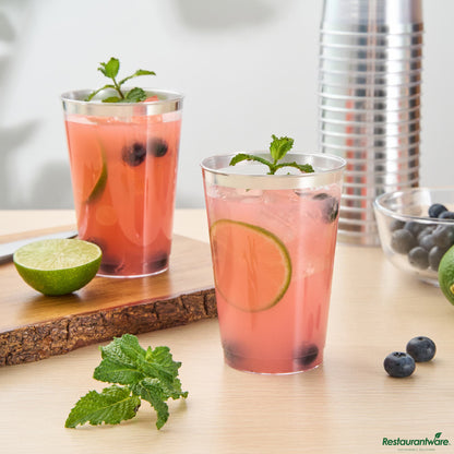 Wholesale Restaurantware 12 Oz Clear Plastic Tumbler - with Silver Rim - 3" X 3" X 4.3"- Bulk