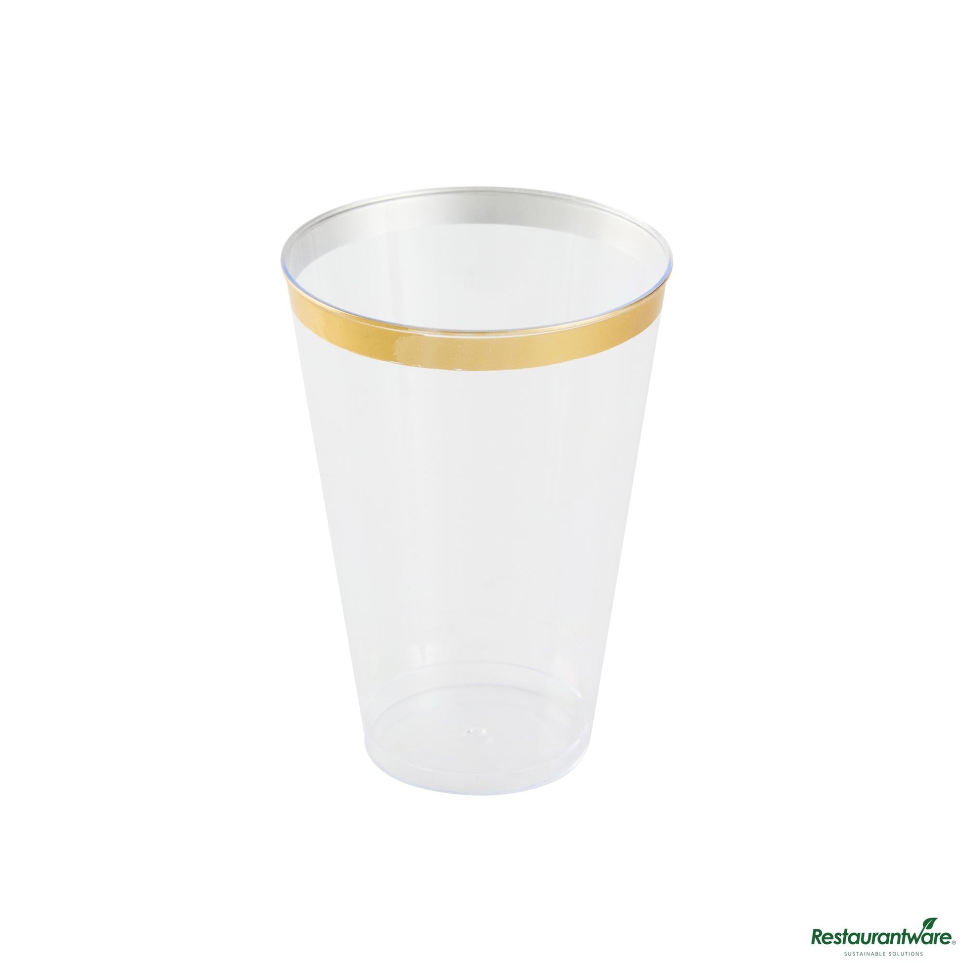 Wholesale Restaurantware 14 Oz Clear Plastic Tumbler - with Gold Rim - 3.3" X 3.3" X 4.8"- Bulk