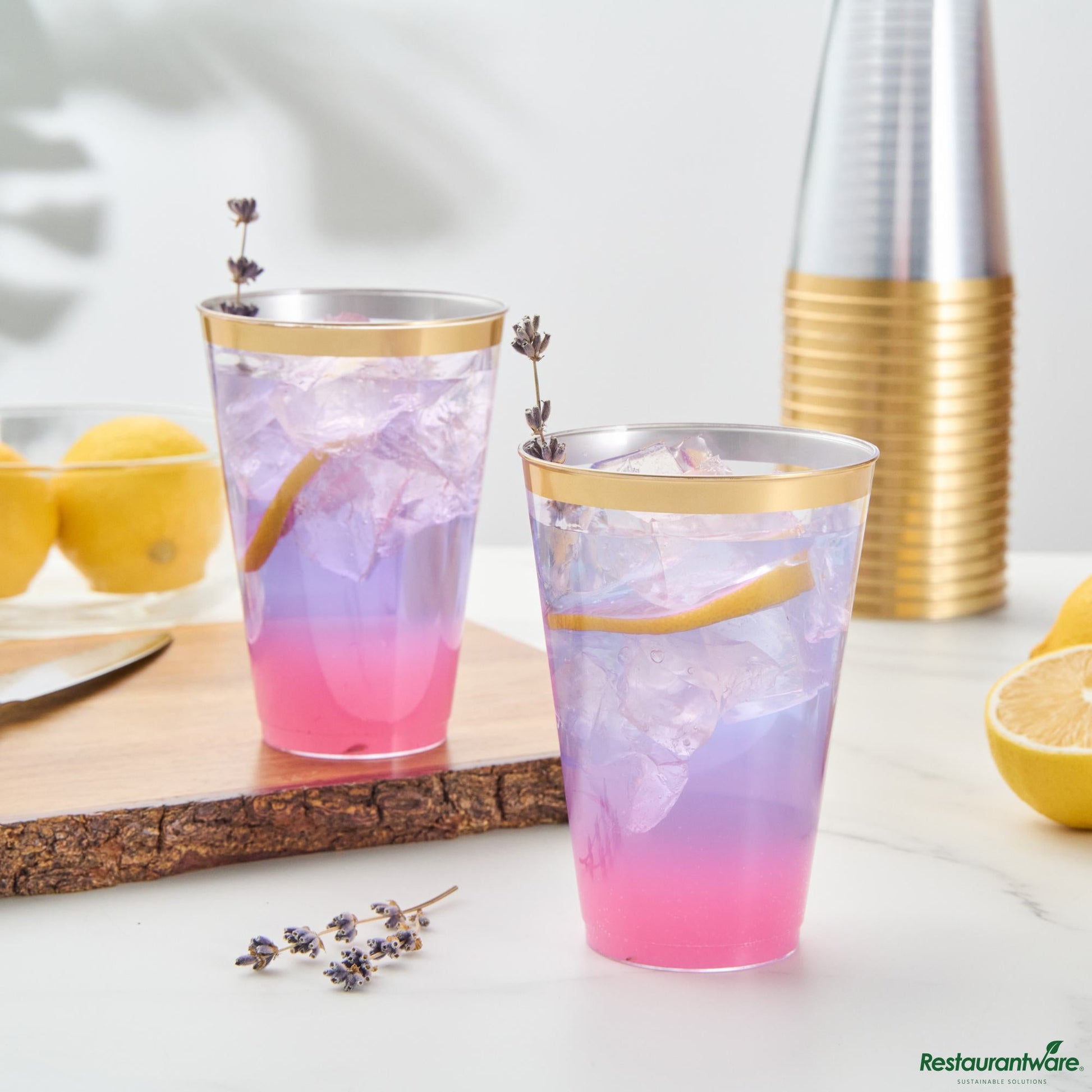 Wholesale Restaurantware 14 Oz Clear Plastic Tumbler - with Gold Rim - 3.3" X 3.3" X 4.8"- Bulk