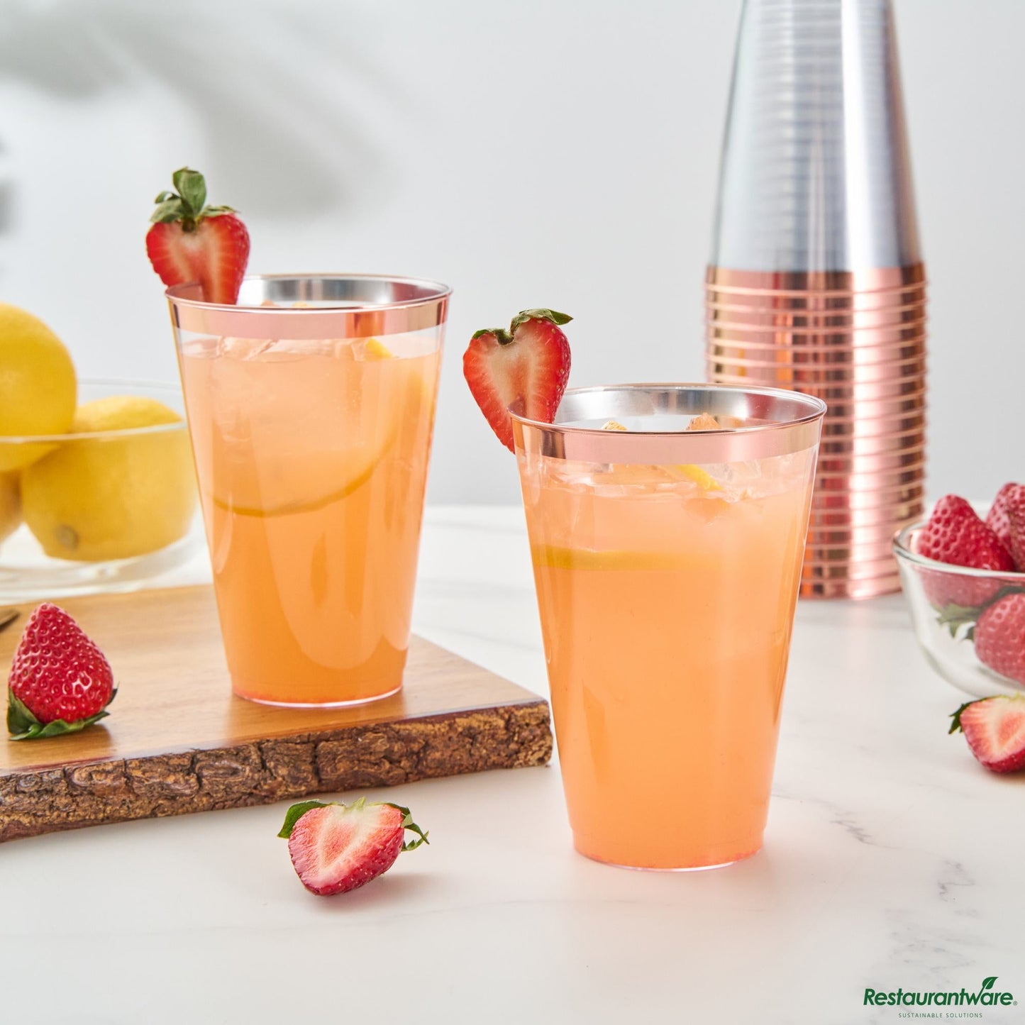 Wholesale Restaurantware 14 Oz Clear Plastic Tumbler - with Rose Gold Rim - 3.3" X 3.3" X 4.8"- Bulk