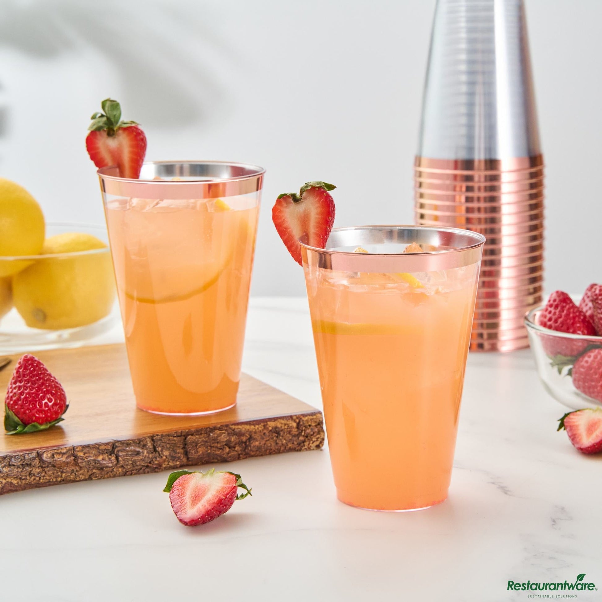 Wholesale Restaurantware 14 Oz Clear Plastic Tumbler - with Rose Gold Rim - 3.3" X 3.3" X 4.8"- Bulk