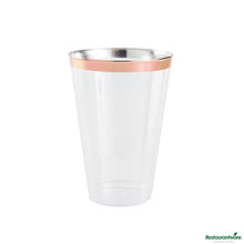 Wholesale Restaurantware 14 Oz Clear Plastic Tumbler - with Rose Gold Rim - 3.3" X 3.3" X 4.8"- Bulk