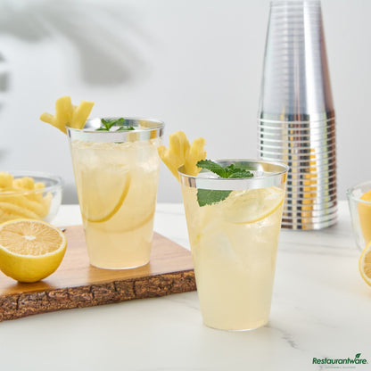 Wholesale Restaurantware 14 Oz Clear Plastic Tumbler - with Silver Rim - 3.3" X 3.3" X 4.8"- Bulk