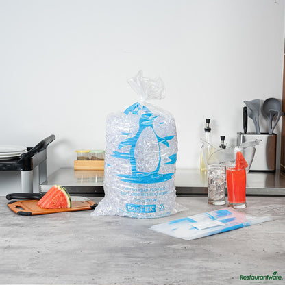 Wholesale Restaurantware 20 Lb Clear Plastic Ice Bag - with Ice Print - 14" X 28.2" X 0.04"- Bulk