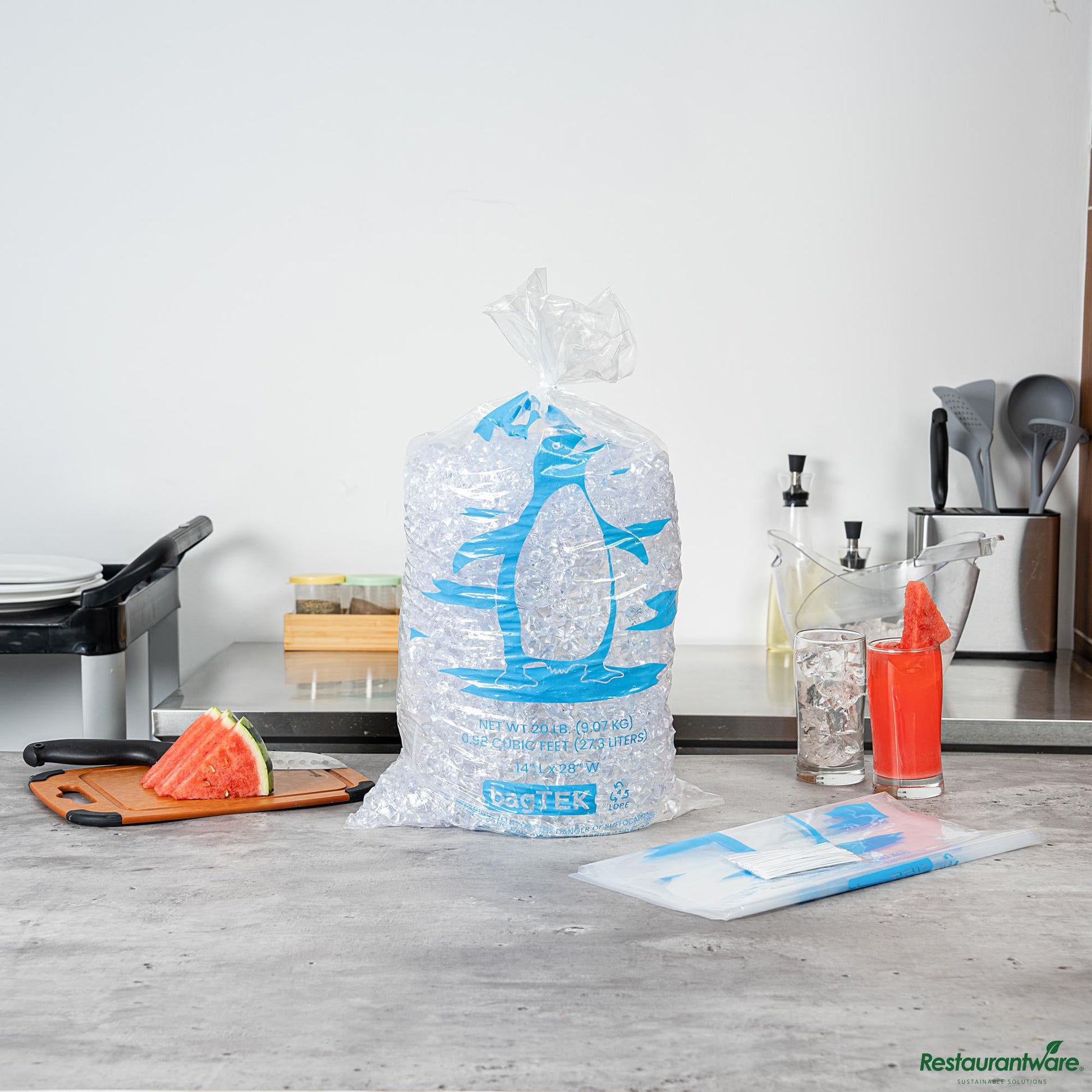 Wholesale Restaurantware 20 Lb Clear Plastic Ice Bag - with Ice Print - 14" X 28.2" X 0.04"- Bulk