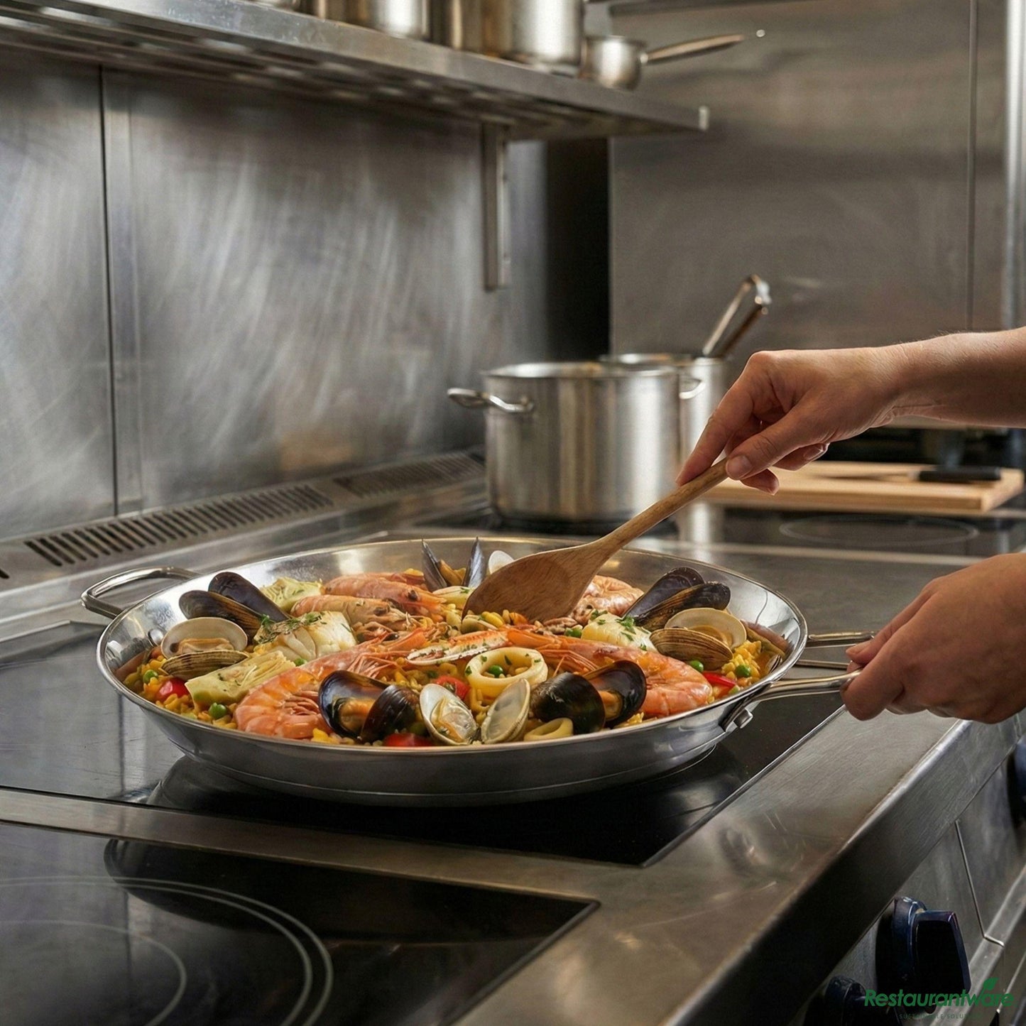 Wholesale Restaurantware Round Stainless Steel Paella Pan - Induction Ready - 13.5" X 10" X 1.4"- Bulk