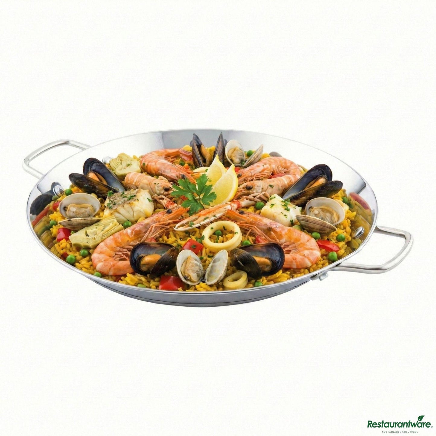 Wholesale Restaurantware Round Stainless Steel Paella Pan - Induction Ready - 13.5" X 10" X 1.4"- Bulk
