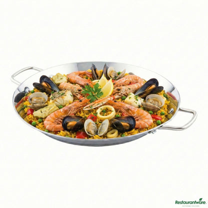 Wholesale Restaurantware Round Stainless Steel Paella Pan - Induction Ready - 13.5" X 10" X 1.4"- Bulk