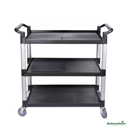 Wholesale Restaurantware Black Plastic Large Heavy-Duty Rolling Utility Cart - 3 Shelves - 40 1/4" X 19 3/4" X 37 3/4"- Bulk