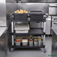 Wholesale Restaurantware Black Plastic Large Heavy-Duty Rolling Utility Cart - 3 Shelves - 40 1/4" X 19 3/4" X 37 3/4"- Bulk