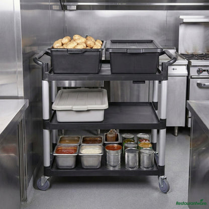 Wholesale Restaurantware Black Plastic Large Heavy-Duty Rolling Utility Cart - 3 Shelves - 40 1/4" X 19 3/4" X 37 3/4"- Bulk