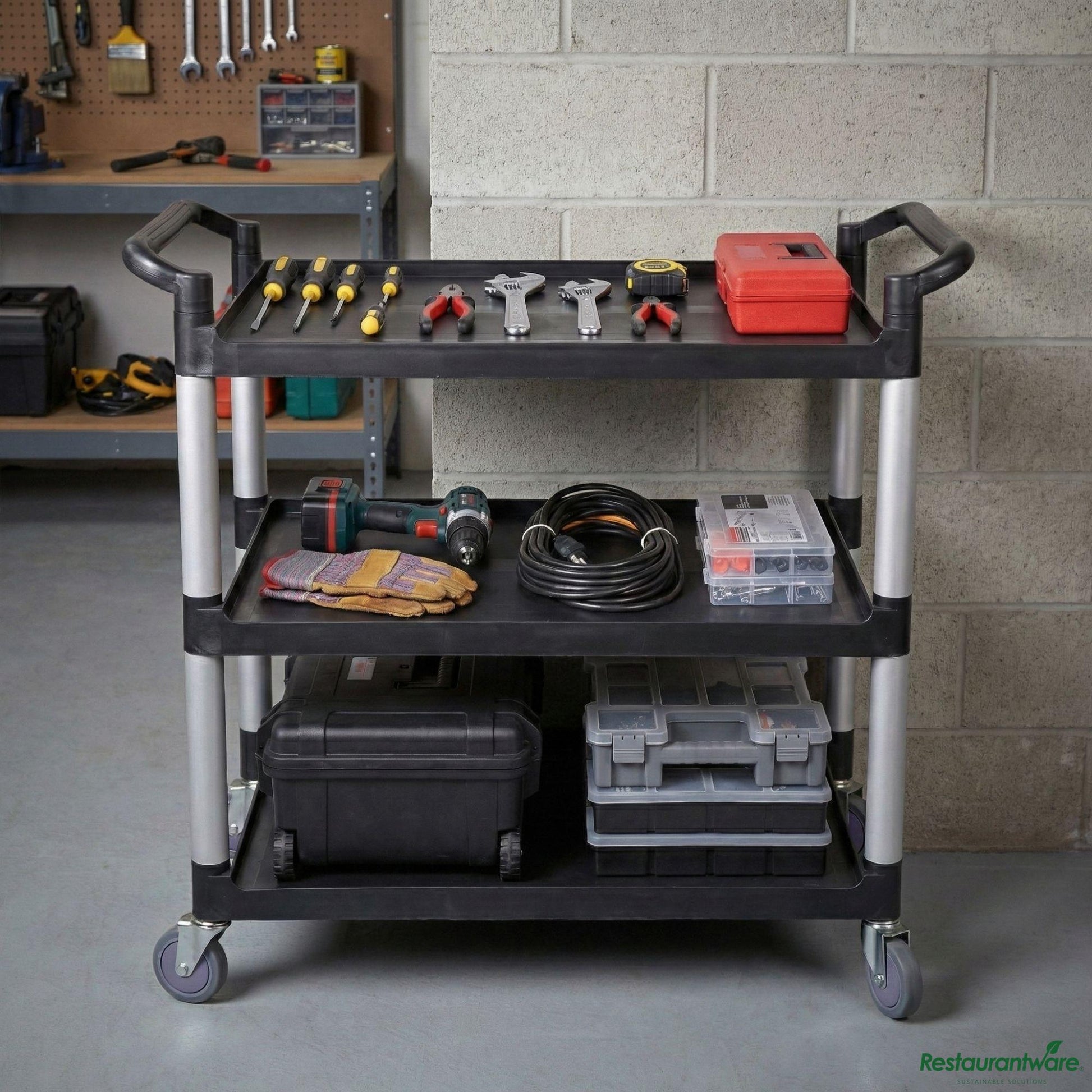 Wholesale Restaurantware Black Plastic Large Heavy-Duty Rolling Utility Cart - 3 Shelves - 40 1/4" X 19 3/4" X 37 3/4"- Bulk
