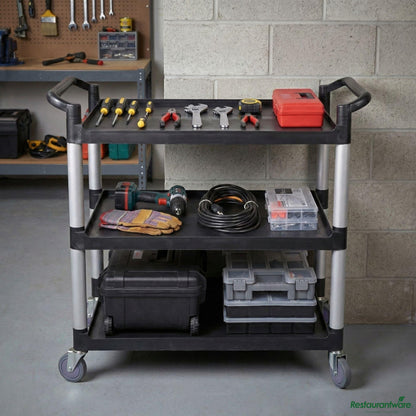 Wholesale Restaurantware Black Plastic Large Heavy-Duty Rolling Utility Cart - 3 Shelves - 40 1/4" X 19 3/4" X 37 3/4"- Bulk