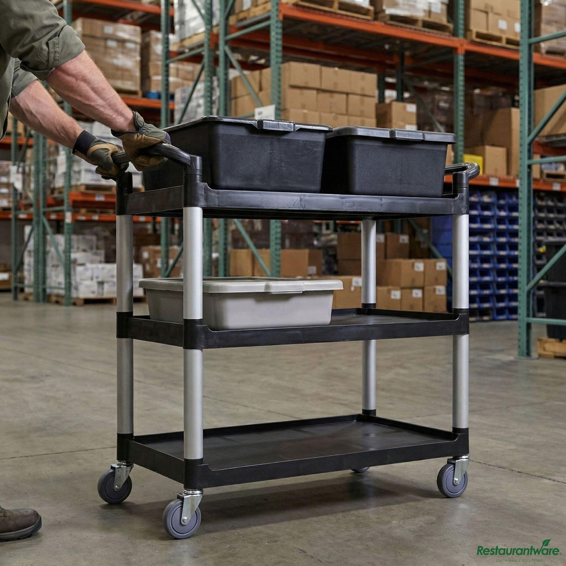 Wholesale Restaurantware Black Plastic Large Heavy-Duty Rolling Utility Cart - 3 Shelves - 40 1/4" X 19 3/4" X 37 3/4"- Bulk