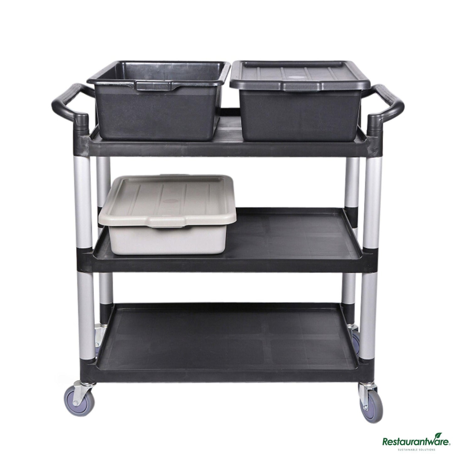 Wholesale Restaurantware Black Plastic Large Heavy-Duty Rolling Utility Cart - 3 Shelves - 40 1/4" X 19 3/4" X 37 3/4"- Bulk
