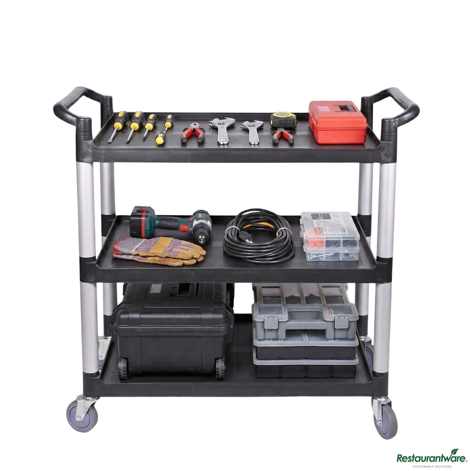 Wholesale Restaurantware Black Plastic Large Heavy-Duty Rolling Utility Cart - 3 Shelves - 40 1/4" X 19 3/4" X 37 3/4"- Bulk
