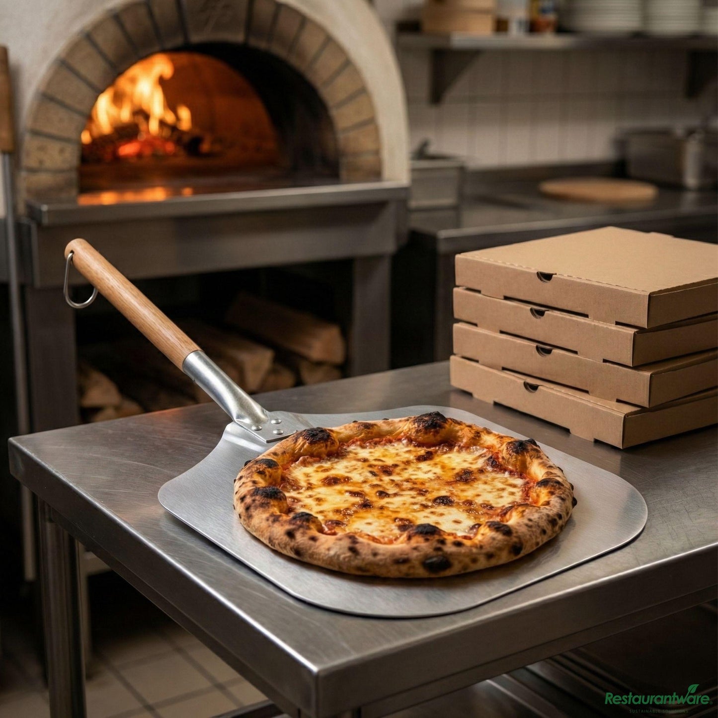 Wholesale Restaurantware Met Lux Aluminum Pizza Peel - with 10" Wooden Handle - 12" X 14"- Bulk
