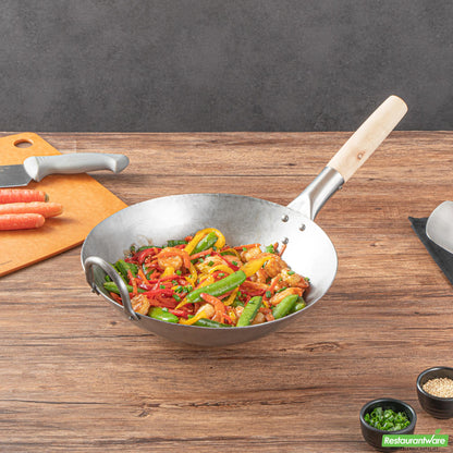 Wholesale Restaurantware 12" Carbon Steel Round Bottom Wok / Stir Fry Pan - Hand Hammered- Bulk