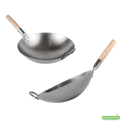 Wholesale Restaurantware 14" Carbon Steel Round Bottom Wok / Stir Fry Pan - Hand Hammered- Bulk