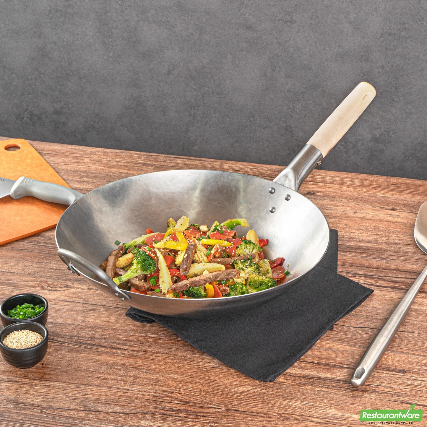Wholesale Restaurantware 14" Carbon Steel Round Bottom Wok / Stir Fry Pan - Hand Hammered- Bulk