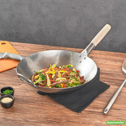 Wholesale Restaurantware 14" Carbon Steel Round Bottom Wok / Stir Fry Pan - Hand Hammered- Bulk