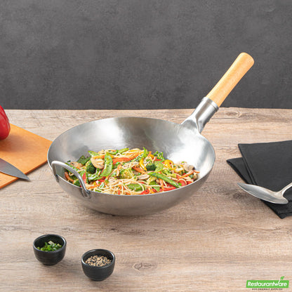 Wholesale Restaurantware 13 1/2" Carbon Steel Flat Bottom Wok / Stir Fry Pan - Hand Hammered- Bulk
