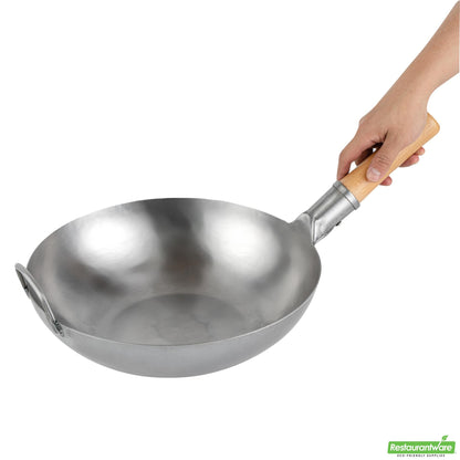 Wholesale Restaurantware 13 1/2" Carbon Steel Flat Bottom Wok / Stir Fry Pan - Hand Hammered- Bulk