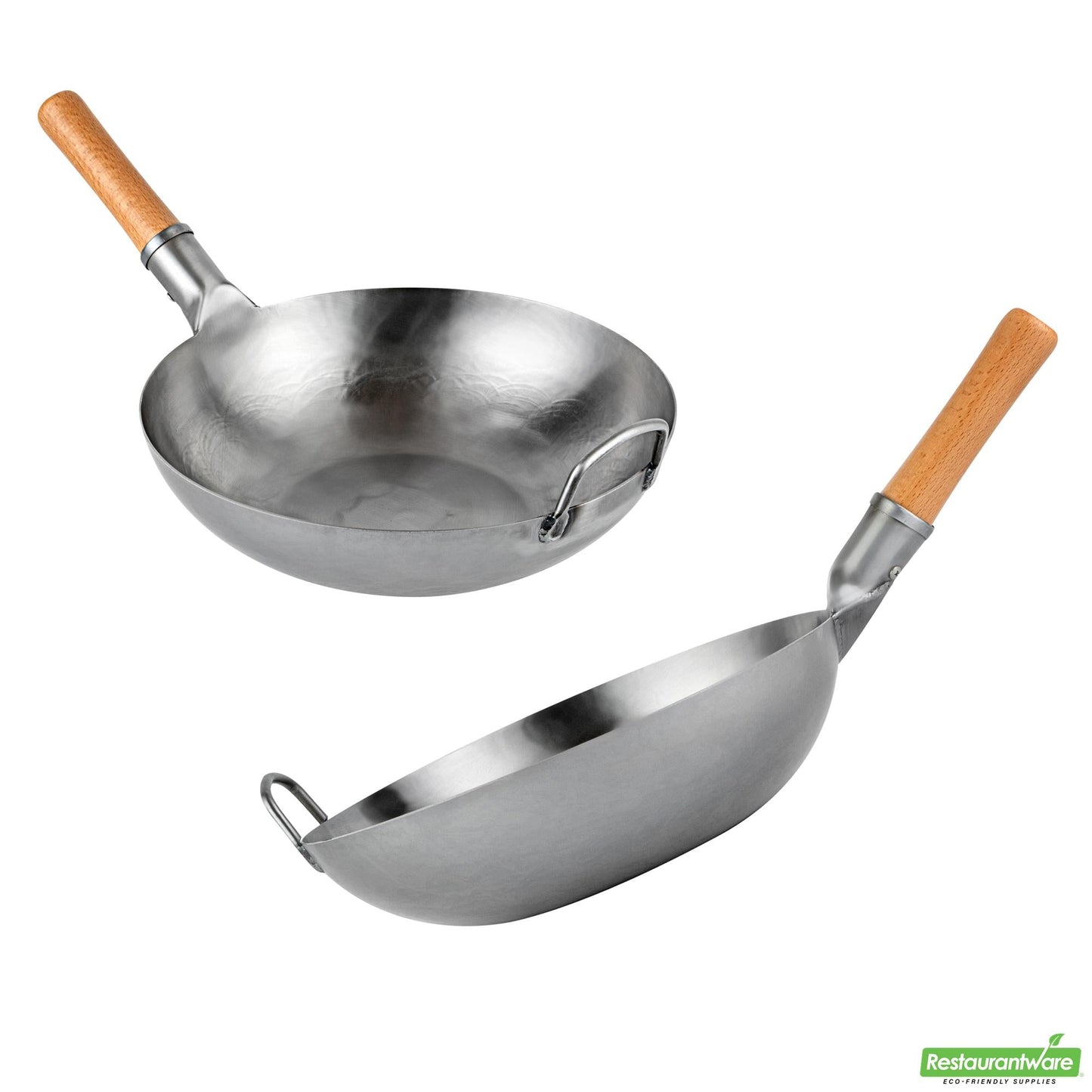 Wholesale Restaurantware 13 1/2" Carbon Steel Flat Bottom Wok / Stir Fry Pan - Hand Hammered- Bulk