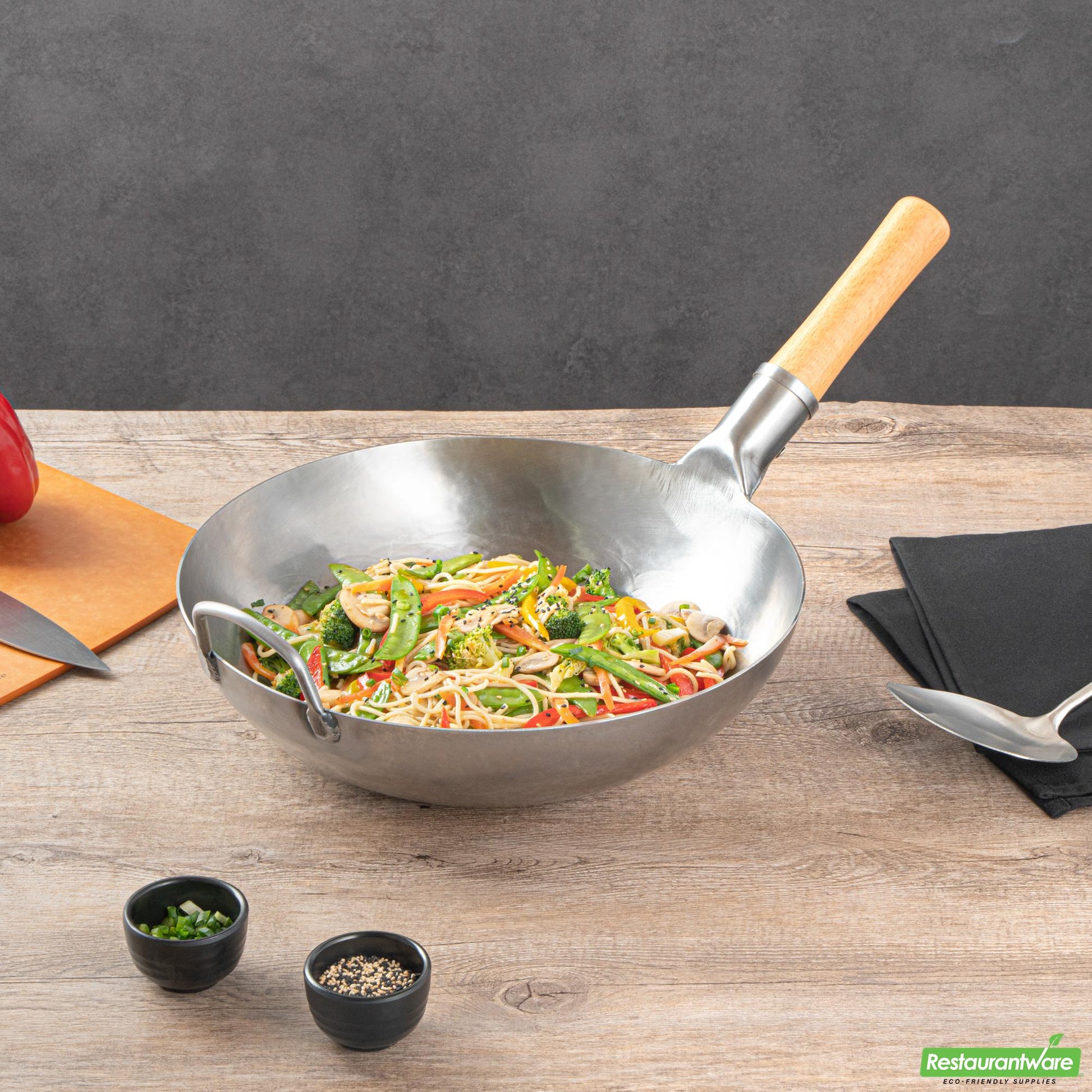 Wholesale Restaurantware 13 1/2" Carbon Steel Flat Bottom Wok / Stir Fry Pan - Hand Hammered- Bulk