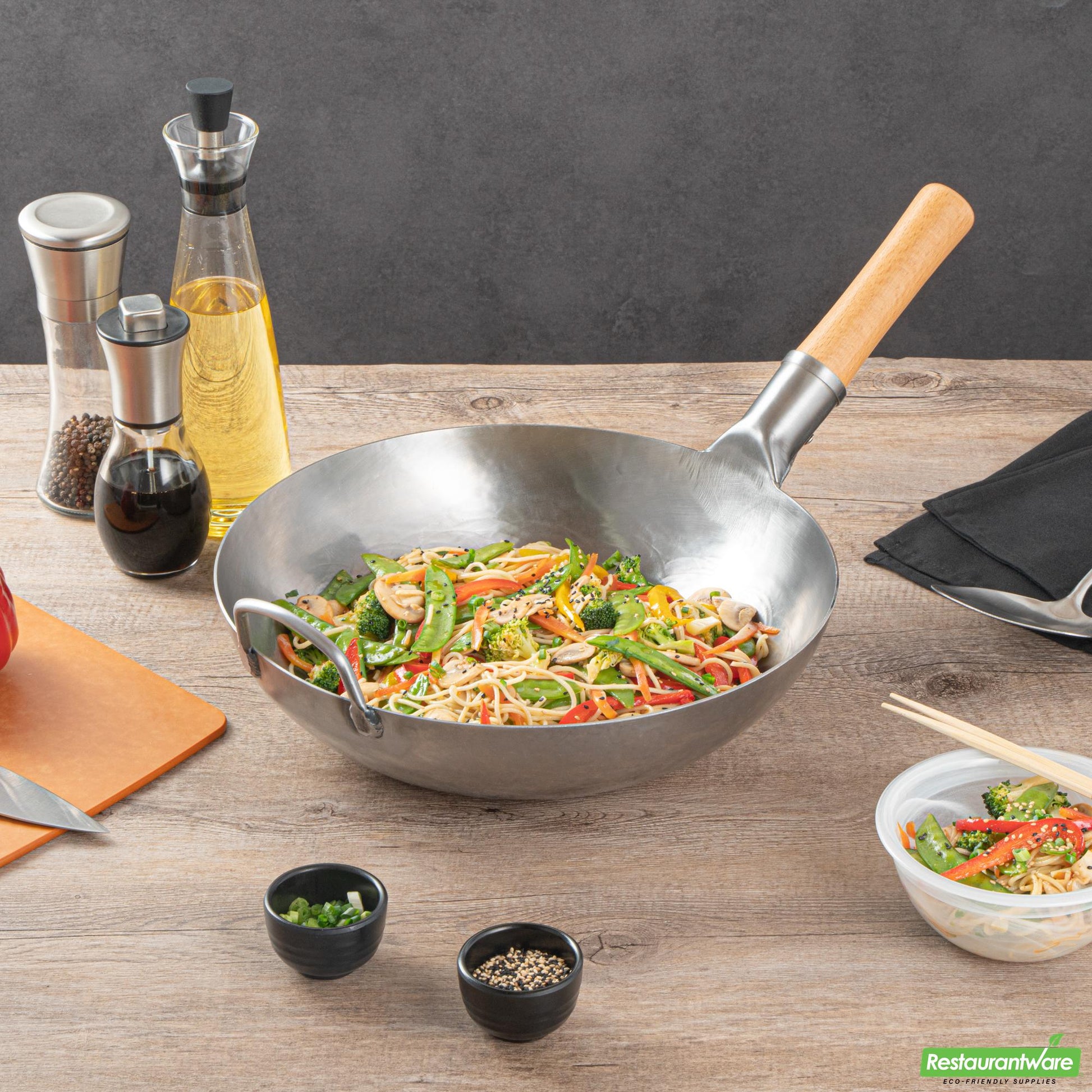 Wholesale Restaurantware 13 1/2" Carbon Steel Flat Bottom Wok / Stir Fry Pan - Hand Hammered- Bulk