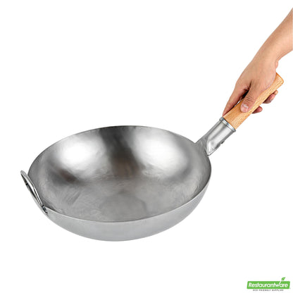 Wholesale Restaurantware 14" Carbon Steel Flat Bottom Wok / Stir Fry Pan - Hand Hammered- Bulk