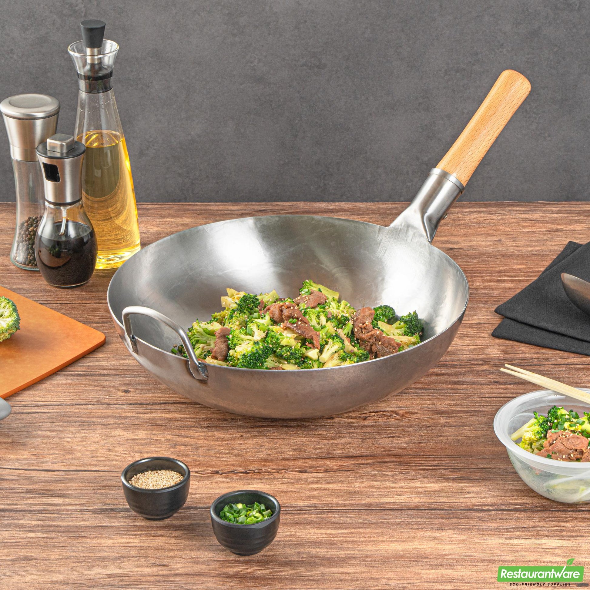 Wholesale Restaurantware 14" Carbon Steel Flat Bottom Wok / Stir Fry Pan - Hand Hammered- Bulk