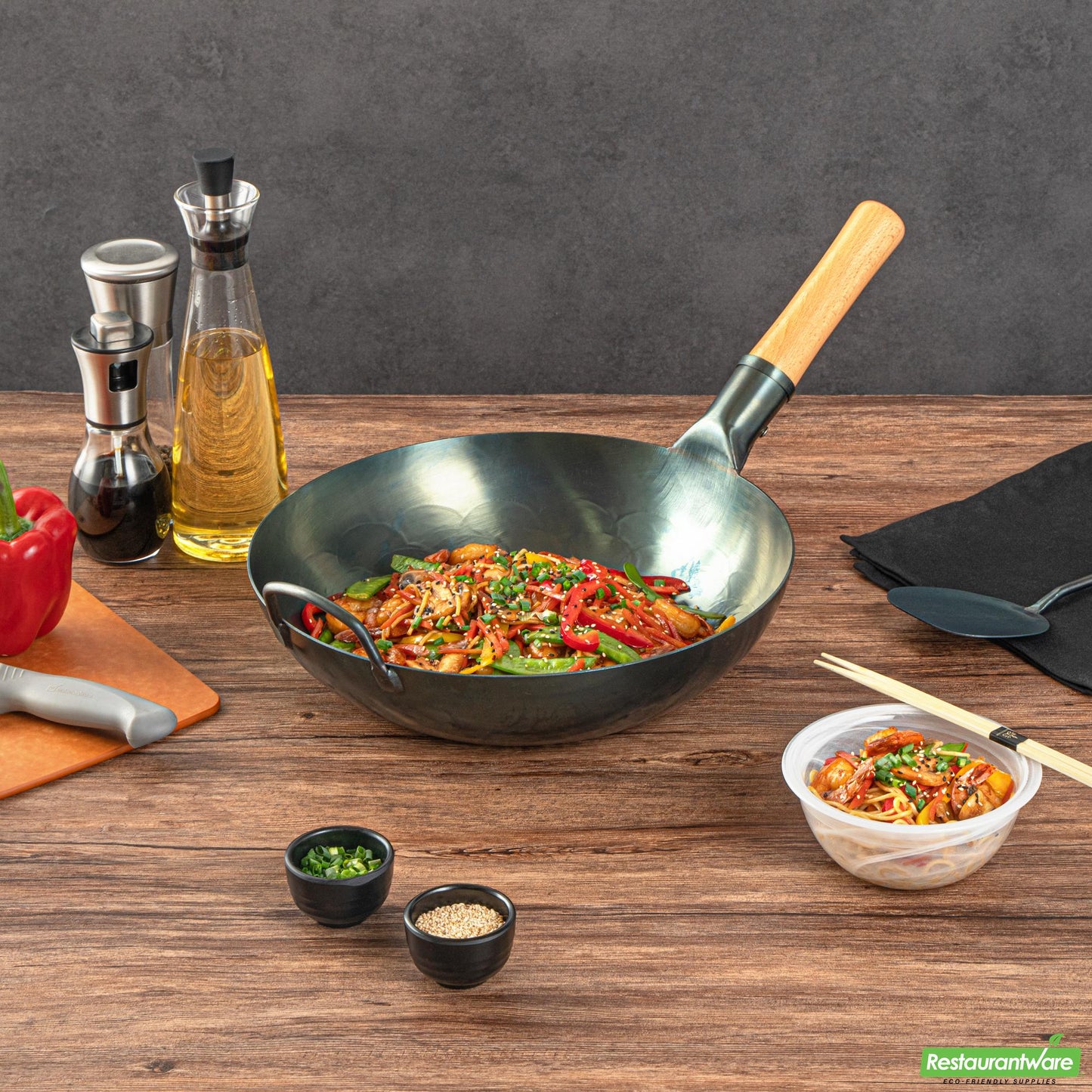 Wholesale Restaurantware 12" Blue Carbon Steel Flat Bottom Wok / Stir Fry Pan - Pre-Seasoned - 20.5" X 12" X 3.2"- Bulk