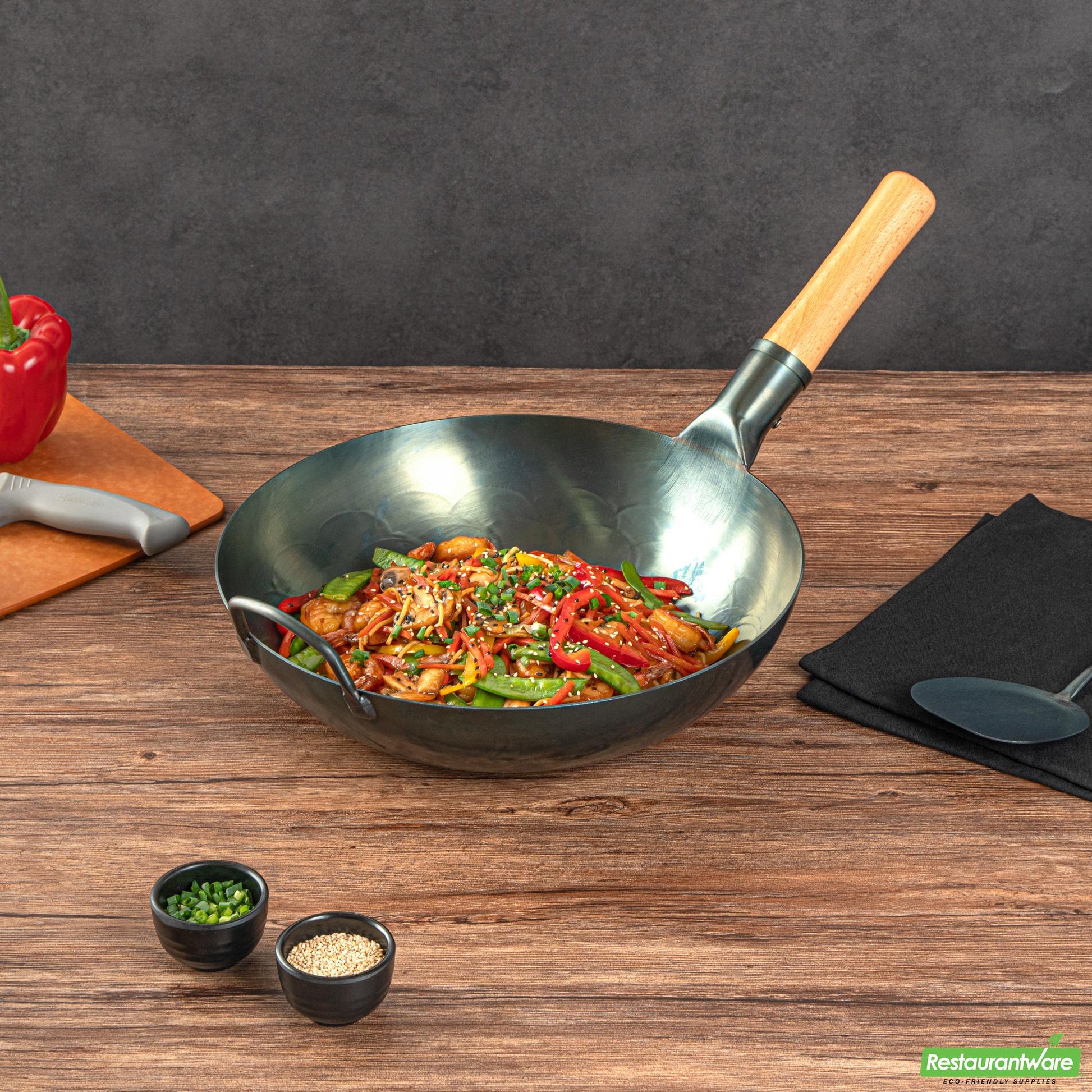 Wholesale Restaurantware 12" Blue Carbon Steel Flat Bottom Wok / Stir Fry Pan - Pre-Seasoned - 20.5" X 12" X 3.2"- Bulk