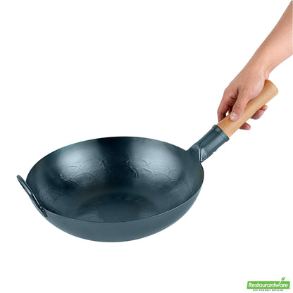Wholesale Restaurantware 12" Blue Carbon Steel Flat Bottom Wok / Stir Fry Pan - Pre-Seasoned- Bulk