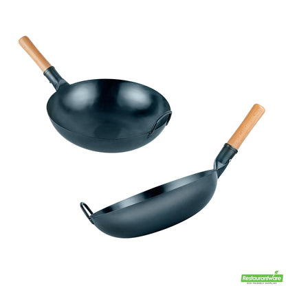 Wholesale Restaurantware 14" Blue Carbon Steel Flat Bottom Wok / Stir Fry Pan - Pre-Seasoned- Bulk