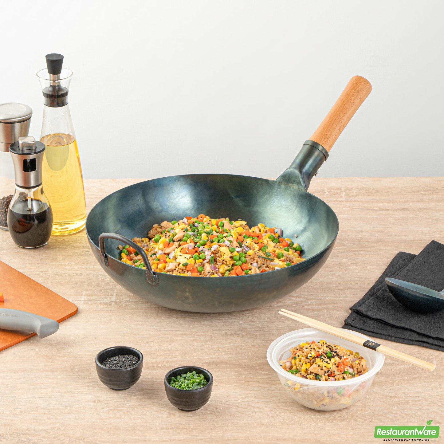 Wholesale Restaurantware 14" Blue Carbon Steel Flat Bottom Wok / Stir Fry Pan - Pre-Seasoned- Bulk