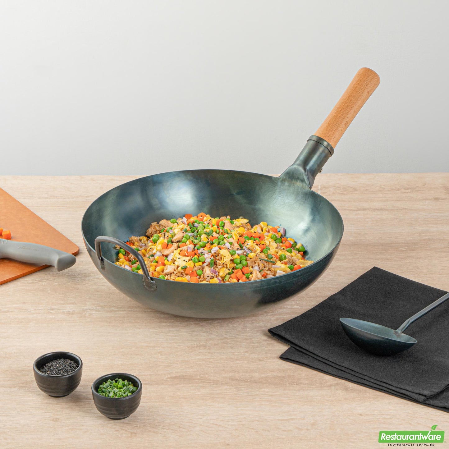 Wholesale Restaurantware 14" Blue Carbon Steel Flat Bottom Wok / Stir Fry Pan - Pre-Seasoned- Bulk