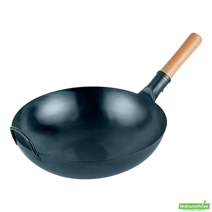 Wholesale Restaurantware 14" Blue Carbon Steel Flat Bottom Wok / Stir Fry Pan - Pre-Seasoned- Bulk