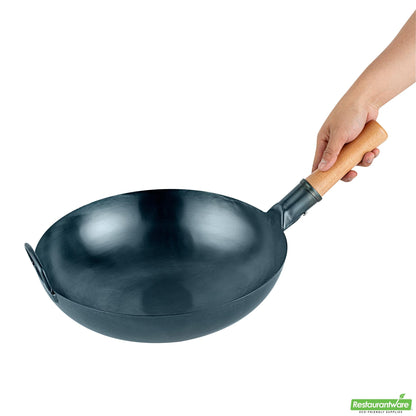 Wholesale Restaurantware 14" Blue Carbon Steel Flat Bottom Wok / Stir Fry Pan - Pre-Seasoned- Bulk