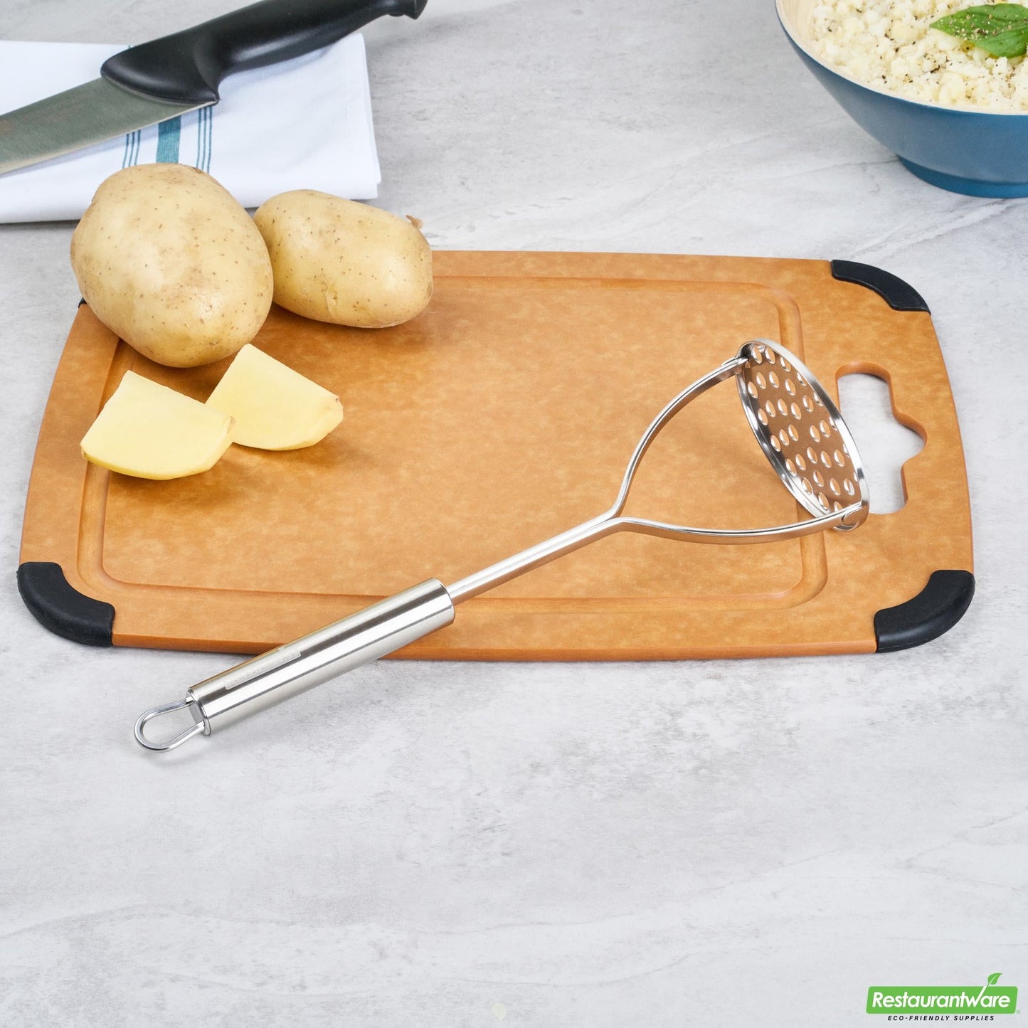 Wholesale Restaurantware Stainless Steel Round-Faced Potato / Bean Masher - 11" X 3.4" X 2.7"- Bulk