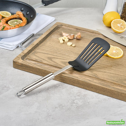 Wholesale Restaurantware Black Nylon High Heat Slotted Turner / Spatula - 12.4" X 3.1" X 1.5"- Bulk