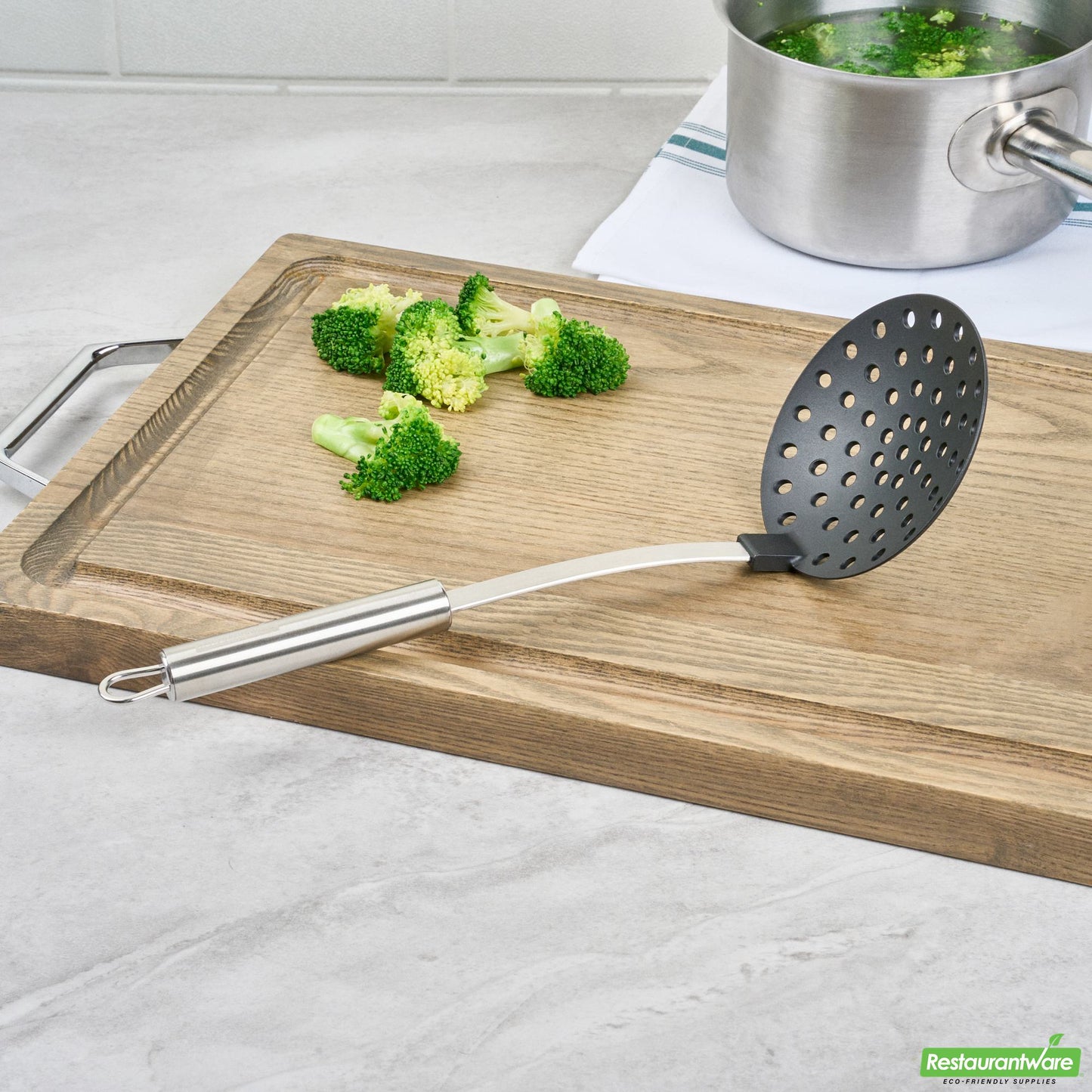 Wholesale Restaurantware Black Nylon High Heat Skimmer - Stainless Steel Handle - 12.8" X 4.3" X 2.9"- Bulk