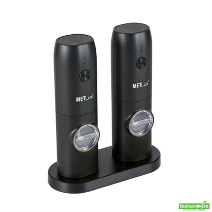 Wholesale Restaurantware Black Electric Salt and Pepper Grinder Set - with Charging Base - 6.5" X 2.9" X 7.7"- Bulk