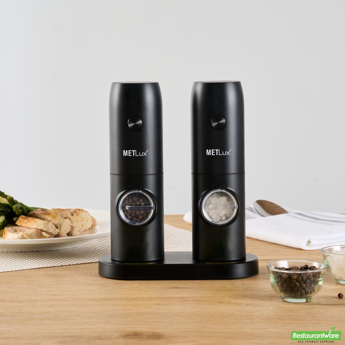 Wholesale Restaurantware Black Electric Salt and Pepper Grinder Set - with Charging Base - 6.5" X 2.9" X 7.7"- Bulk