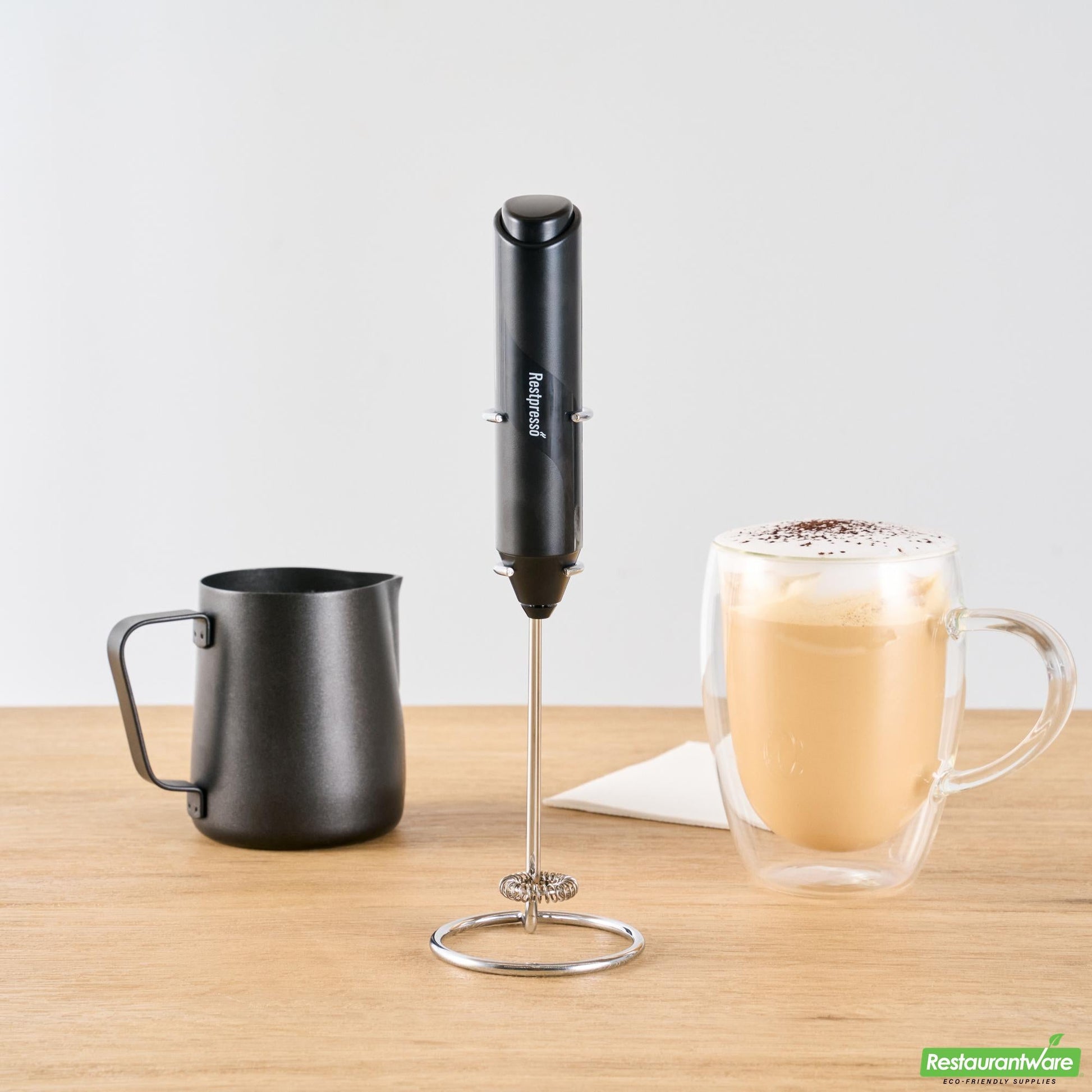 Wholesale Restaurantware Black Electric Handheld Milk Frother - Battery-Operated, with Stand - 1.4" X 1" X 8.5"- Bulk